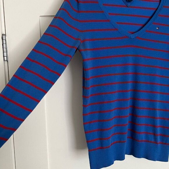 Tommy Hilfiger Sweater Pullover M Pima Cotton V Neck Soft Blue Striped - Picture 4 of 8